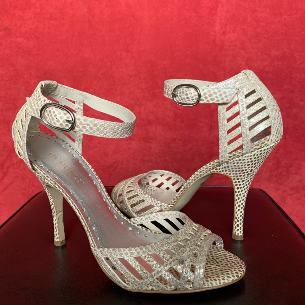 BCBG gold snakeskin sandals